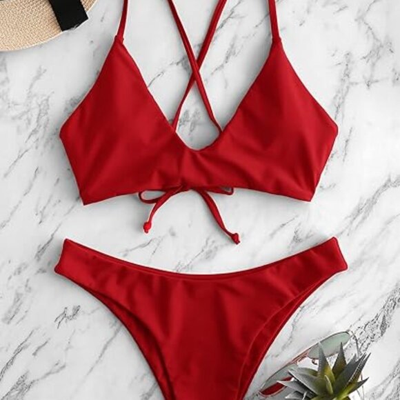 NWT Women's Tie Back Padded High Cut Bralette Bikini Set Two Piece Swimsuit - Picture 6 of 6